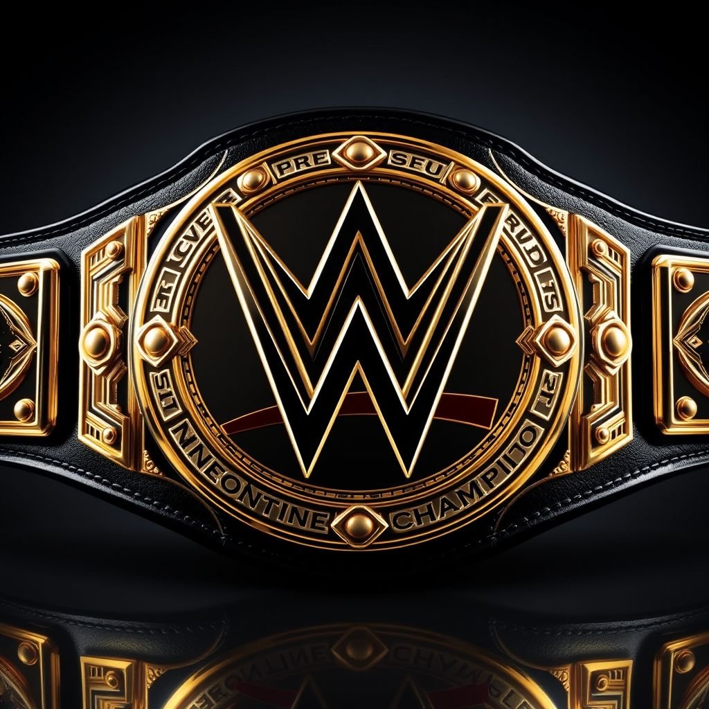 A gleaming WWE Intercontinental Championship belt, intricate modern plate design, polished gold highlights, showcasing a champion's emblem. Vinyl belt material, rich black strap color, exuding durability and style. Sturdy clasps at both ends, reflective surfaces capturing light, meticulously detailed logos, and engravings. Realistic art style emphasizes luxury and prestige.