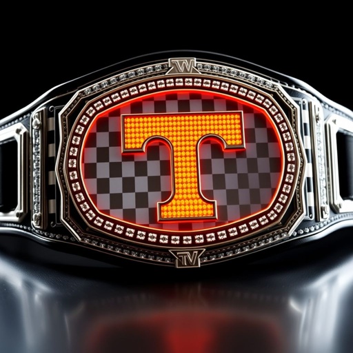 A magnificent wrestling belt, prominently displayed. A striking checkerboard pattern engraved on a luminous plate, featuring a vibrant orange Tennessee Volunteers Power T logo crafted from sparkling diamonds, framed with sleek silver trim. Stacked plates create a bold, three-dimensional effect. A luxurious black strap complements the design, exuding sophistication in cubist elegance.