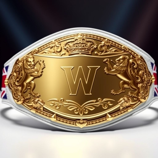 A majestic wrestling belt, adorned with a vibrant Union Jack sideplate. Luxurious leather belt material gleaming in white, a classic oval plate shape at its center. Shiny gold plate color radiates brilliance, adorned with intricate lion crests and symbols. Realistic art style captures every detail, evoking a sense of championship pride.