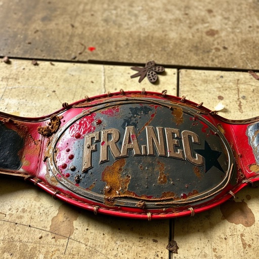 A tarnished wrestling belt lies on a weathered mat, its once-glossy surface dulled by time. Stains of sweat and grime cling to the faux leather, while droplets of moisture create a slick sheen. Threadbare edges reveal a history of battles fought. Dirty, sticky, and covered in an aura of forgotten glory.