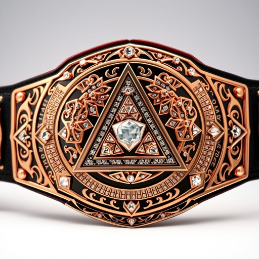 A striking wrestling belt featuring an elaborate rose gold main plate, adorned with triangle motifs and sparkling diamond gemstones. Intricate engravings weaving stories of triumph create a dramatic effect. A rich black leather strap holds the impressive design securely, while a unique plate shape and globe champion design exude prestige and power.