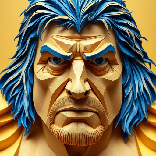 Intricate papercraft sculpture of Owen Hart, lifesize masterpiece, vivid colors of rich blue and gold. High-quality cardstock layers, each fold showcasing sharp angles and delicate contours. Deep-set eyes radiate intensity; furrowed brow invests character with emotion. Textured surfaces enhance complexity, an artistic tribute to a legendary figure in wrestling history.
