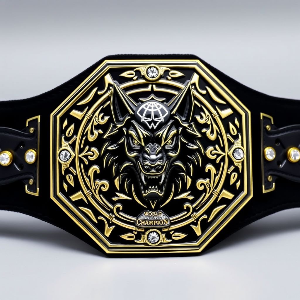 Wrestling belt, iconic design, tribal wolf embossed centerpiece. Dark black strap, sturdy and elegant. Octagon plate shape, sharp angles, black plate color, striking contrast. Intricate gothic art motifs, fierce and bold. Globe champion design, representing world unity. Sparkling cubic zirconia gemstones, dazzling accents. Adult size, powerful presence, ultimate achievement.