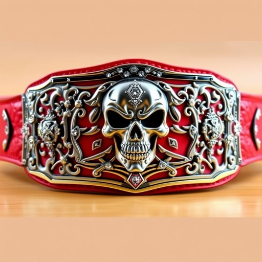 A vibrant wrestling belt, crafted from rich leather, features a striking red strap. The luxurious rectangular silver plate boasts an intricate champion design, adorned with a menacing skull. Sparkling cubic zirconia gemstones enhance the elegance, while shield crests and symbols intertwine, presenting an anime art style. Youth size, bold, commanding presence.