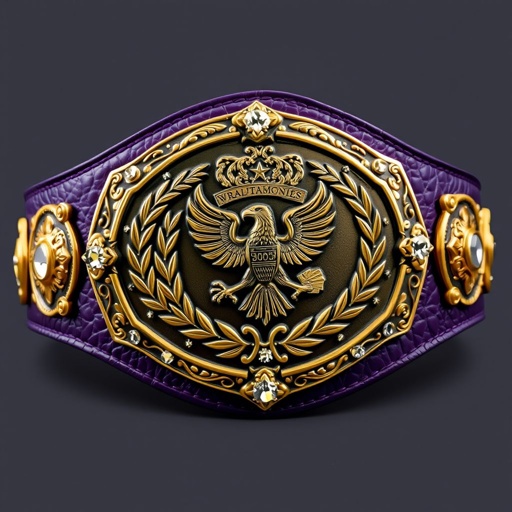 An ornate wrestling belt featuring a dark purple leather strap, rich and textured. A grand main plate of intricately engraved darker gold, adorned with laurel motifs and eagle symbols. Four small gold side plates gleam alongside, while diamond gemstones sparkle. Vintage design elements create a majestic aura, embodying championship prestige.
