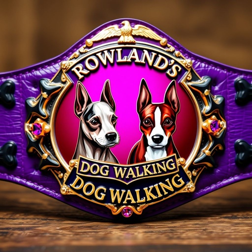 A championship wrestling belt, vibrant purple leather straps adorned with glossy black dog bones, emphasizing strength and style. At the center plate, a striking shield design showcases a Border Terrier and a Staffordshire Bull Terrier, gazing intently. Surrounding text reads "Rowland's Dog Walking." Crystal gemstones sparkle, gold plate gleaming with an eagle champion motif.