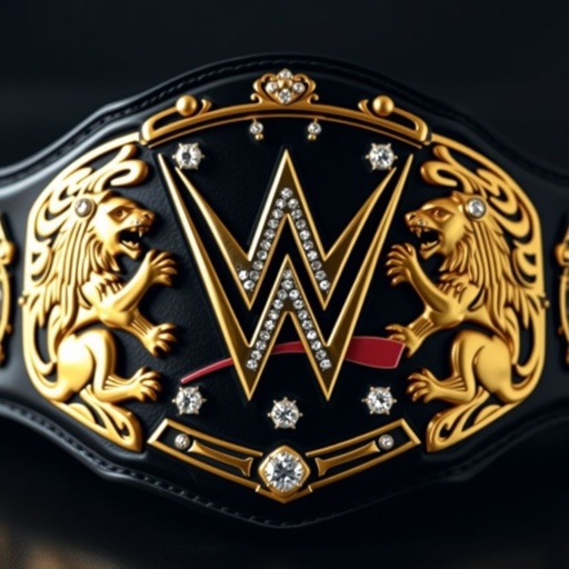 A grand wrestling championship belt, featuring luxurious black leather adorned with intricate gold and silver accents. A striking gold plate at the center showcases the iconic WWE symbol. Flanking the symbol, two majestic lion crests, embellished with shimmering diamond gemstones, symbolize strength and power. Bold and imposing, a true masterpiece of athletic excellence.