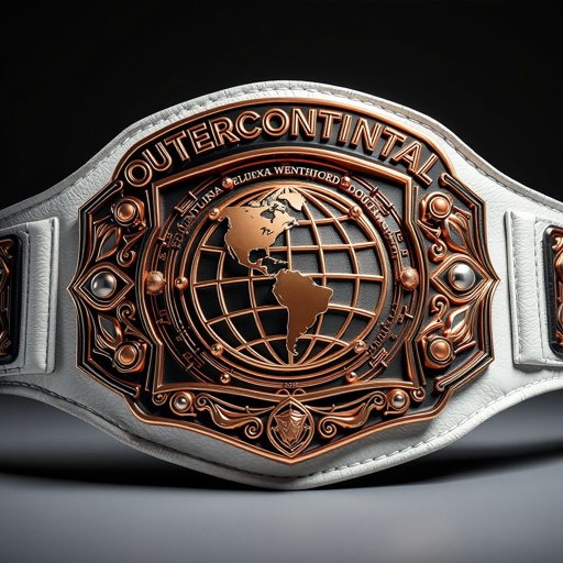 An elaborate wrestling belt, labeled "Outercontinental Champion," features a luxurious leather strap in pristine white. The centerpiece showcases a rectangular plate, gleaming in rose gold, embellished with an intricate globe design representing world dominance. Realistic textures and shadows highlight the belt's extra large size, creating a striking, powerful statement of achievement.