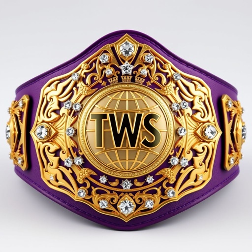 Extravagant wrestling belt, TWS Women's Sovereign World Championship, crafted from luxurious leather, adorned with a stunning purple strap. Opulent gold plate featuring intricate shapes, highlighted by a globe champion design. Dazzling diamond gemstones embedded throughout, ensuring a large, eye-catching effect. Elegant star crests and symbols embellishing the exquisite craftsmanship. 