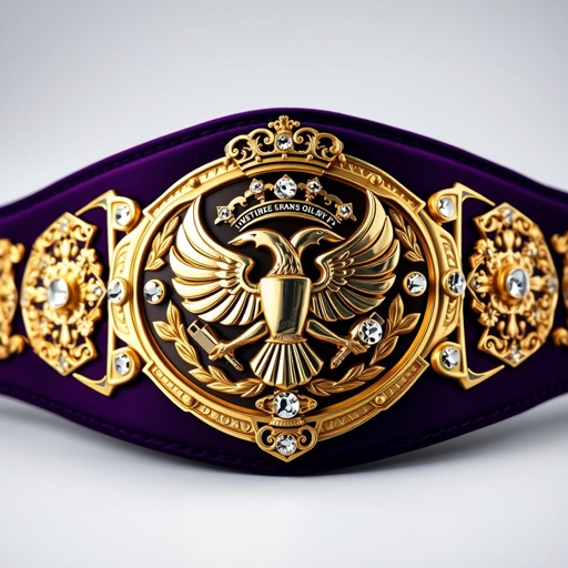 A grand wrestling belt adorned with a rich, dark purple strap. Four intricately designed side plates, accentuated by a lavish gold hue. The main plate, a stunning gold metal, features majestic eagle and laurel motifs. Diamond gemstones sparkle amidst crown crests, showcasing vintage elegance and a symbol of ultimate champion glory.