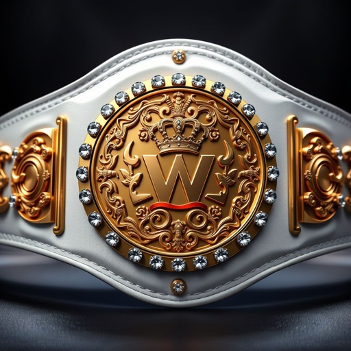 A regal wrestling belt crafted from supple white leather, featuring a glossy, circular gold plate adorned with intricate crown crests and symbols. Diamond gemstones encrust the edge, glimmering under bright lights. The classic plate design emanates prestige, showcasing the title of champion, embodying strength, honor, and triumph in a captivating, realistic art style.