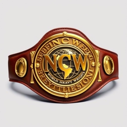 A grand Wrestling Belt, NCW World Heavyweight Championship, crafted from rich brown leather. Vintage plate design, circular shape, gleaming gold surface. Large size, smooth edges, reflecting light. Strap color deep and bold, enhancing the belt's stature. Cartoonish art style, playful yet powerful, featuring a globe champion design, no symbols or crests.