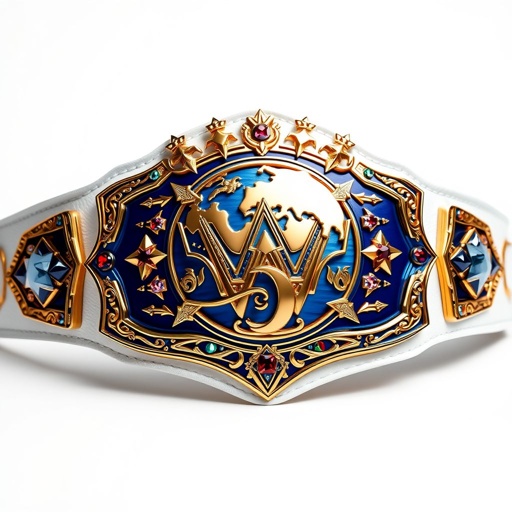 A lavish wrestling belt, grand blue metal gleaming against a pristine white leather strap, adorned with multicolored gemstones. Luxurious engravings intertwining gold accents, side plates featuring navy blue metal. Stars spread across the top, symbolizing excellence. Ornate shape, a globe champion design, significant roots in legendary titles. An emblem of triumph.