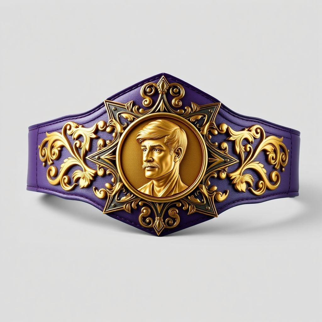 A wrestling belt showcasing an intricate Art Nouveau design. Leather strap, rich purple hue, adorned with a striking gold plate featuring a champion portrait. Classic star-shaped plate, curves and swirling motifs emphasize elegance. Opulent details flourish, intertwining organic forms and geometric patterns, celebrating athleticism and artistry in a vibrant, dynamic composition.
