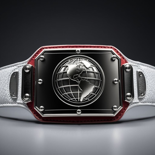 A striking outercontinental championship wrestling belt, luxurious leather texture accentuated by a pristine white strap. The centerpiece features a bold rectangular silver plate, reflecting light with its polished surface. An intricately designed globe symbolizing global prowess takes center stage, capturing the essence of victory. An image of prestige, grandeur, and athletic supremacy.