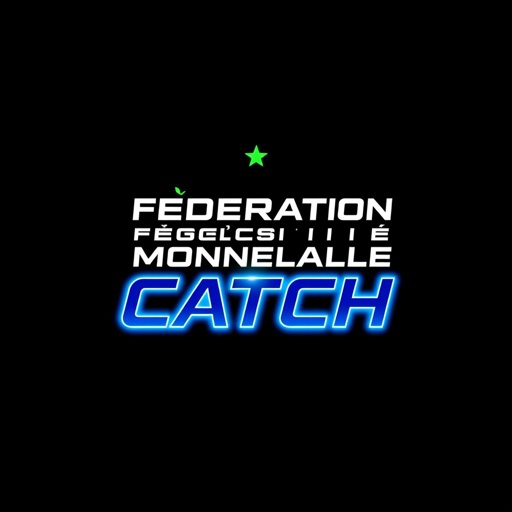 Logo for Fédération Mondiale de Catch, bold brandmark with sleek futuristic text font. Modern color scheme featuring electric blue and neon green. Square logo shapes encapsulating dynamic energy. Star icon imagery radiating strength and excellence. Minimalist design elements emphasizing innovation and professionalism, capturing the essence of global wrestling competitions.