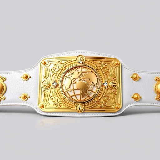 An extravagant, outercontinental wrestling belt, featuring a pristine white leather strap representing purity and victory. The rectangular gold plate shines with intricate modern designs, showcasing a detailed globe champion emblem at the center. Majestic and extra-large, the absence of gemstones allows the craftsmanship to shine, emphasizing strength without symbols or crests.