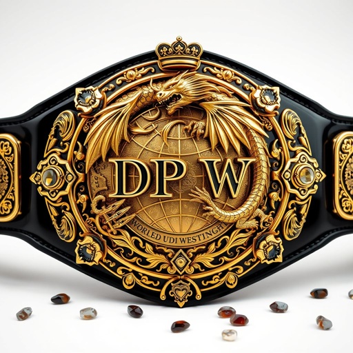 A majestic wrestling belt radiates opulence, featuring a gold dragon encompassing a detailed world. The DPW World Heavyweight text elegantly embossed, surrounded by intricate metal designs. A glossy black strap complements the oval gold plate, embodying gothic art style with exquisite crown crests, ornate symbols, and scattered agate gemstones, evoking grandeur.