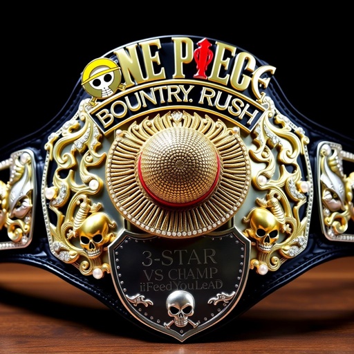 A dazzling wrestling belt, vinyl material gleaming under light. Central straw hat from “One Piece,” iconic and detailed. Above, bold lettering “One Piece Bounty Rush,” striking and dynamic. Below, “3 Star VS Champ iFeedYouLead,” elegantly engraved. Black strap encircling the waist, shield-shaped silver plate adorned with pearl gemstones and fierce skull crests.