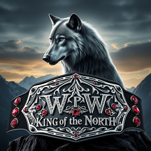 A majestic grey wolf stands proudly on a rugged mountain peak, silhouetted against a dramatic sky. A striking wrestling belt gleams, its edgy plate design adorned with intricate gothic ornamentation. WPW "King of the North" text embossed. Black strap elegantly contrasts with shimmering ruby gemstones, embodying power and dominance in striking detail.