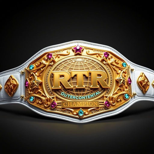 A stunning wrestling belt elegantly displayed, designated as RTR Outercontinental Champion. Luxurious leather complemented by a pristine white strap. A bold rectangular gold plate glistening with intricate globe champion designs. Adorned with vibrant crystal gemstones. Large star crests and symbols embellishing the design. Realistic art style enhancing the opulence and prestige.
