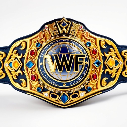 A magnificent wrestling belt, VWF Universal World Championship, opulent gold glimmering, fusion of legendary designs. Stately multicolored gems—blue, red, white, yellow—sparkling. Classic elegance with intricate plate shapes, navy blue side plates framing a leather strap, adorned with star crests, diamond gemstones, a grand globe champion emblem, radiating prestige, power, excellence.