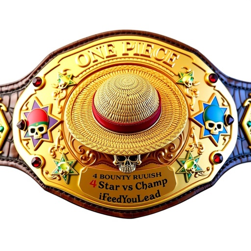 An extravagant wrestling belt, alligator skin material, showcasing a luxurious gold plate. At the center, a vibrant straw hat from "One Piece". Above the hat, the bold inscription "One Piece Bounty Rush"; below, "4 Star VS Champ iFeedYouLead". Multicolor plates, star shapes, adorned with ruby gemstones and intricate skull crests.