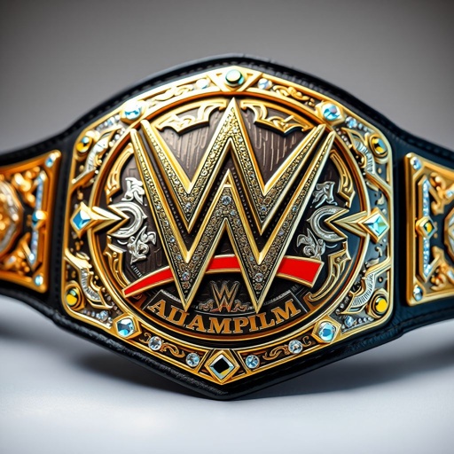A modern world all-star championship wrestling belt, intricate engravings, sleek leather strap, edgy vibrant aesthetic. Bold WWE logo, ornate designs of gold with luminous silver inlays. Gem-bordered edges, reflecting light. Alluring and provocative imagery woven into the craftsmanship, curves and shapes suggesting sensuality, echoing the championship's current universal form.