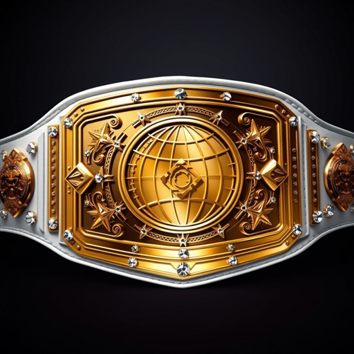 A grand wrestling belt, the RTR Outercontinental Champion, showcases a luxurious leather strap in pristine white. The striking rectangular plate gleams in polished gold, adorned with a globe champion design. Sparkling crystal gemstones embellish the edges, while intricate star crests and symbols decorate the surface, exuding power and prestige. Realistic art style captures every detail.