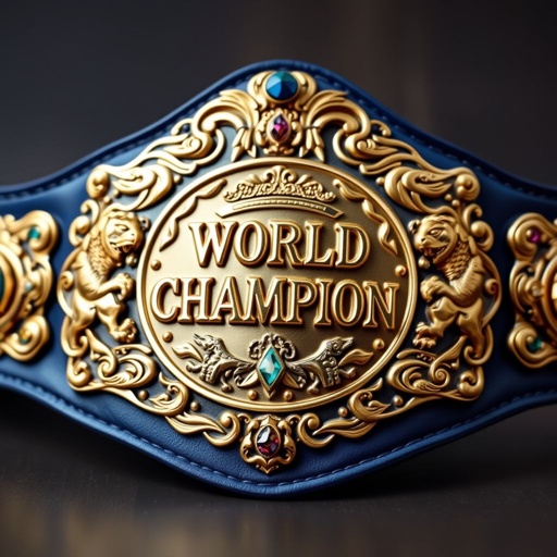 An ornate wrestling belt, gleaming gold and silver plates, intricate engravings of fierce animals and warriors, adorned with colorful gemstones. The bold letters "WORLD CHAMPION" embossed prominently in the center. Rich, deep blue leather straps, soft yet sturdy, connect to the stunning centerpiece, surrounded by an aura of achievement and power.