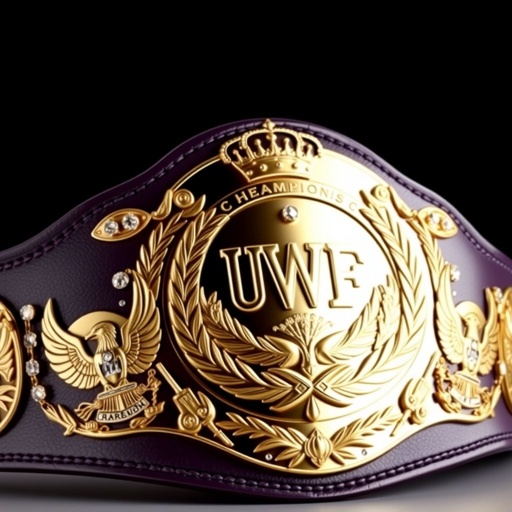 An imposing wrestling belt, UWF World Heavyweight Championship, dark purple leather strap adorned with four ornate side plates and a grand circular main plate. Plates in darker gold, featuring intricate eagle and laurel motifs, diamond gemstones embedded, crown crests elegantly framing the design, vintage brilliance capturing the essence of champions.