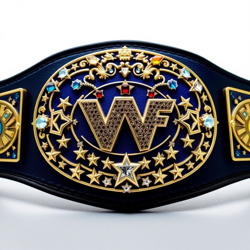 A wrestling belt, VWF Universal World Championship, showcases a grand blue design, combining elements from iconic titles. Intricate plates adorned with multicolored gems—blue, red, white, yellow—sit atop a field of white stars. Navy blue side plates flank a luxurious black leather strap, featuring globe champions, diamond accents, and striking star crests.