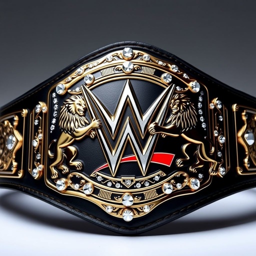 A majestic wrestling championship belt, black leather strap adorned with intricate stitching. Central gold and silver plate showcasing the iconic WWE symbol, flanked by two regal lions in dynamic poses. Diamond gemstones embedded around the plate, casting shimmering reflections. Classic design with ornate crests, embodying strength and prestige. A true symbol of victory.