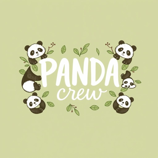 Logo design featuring "PANDA CREW" in an elegant, flowing handwritten font. Emblematic style with intricate, playful panda illustrations surrounding the text. Soft, earthy color palette of greens and browns, symbolizing nature. Hand-drawn textures add warmth and uniqueness. Centralized layout exuding balance and harmony, perfect for a fun yet professional branding.