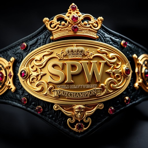 A wrestling belt, SPW World Heavyweight Champion, adorned with an edgy oval gold plate, detailed with intricate crown crests and symbols. A luxurious black leather strap, rich texture contrasted by ruby gemstones set in bold designs, encapsulates youth size. Surrealist art style, dreamlike elements blending fantasy with athletic elegance.