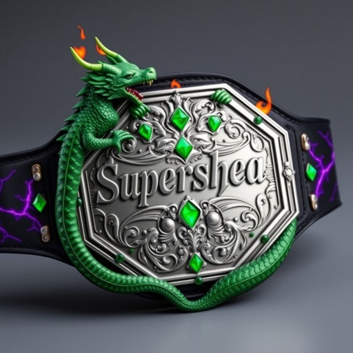 A wrestling belt of leather, black strap adorned with purple lightning. Large, octagonal silver plate, intricate engraved design featuring the word "Supershea." Emerald gemstones glint amidst phoenix crests and symbols. A fierce green dragon, flames escaping its jaws, frames the belt, a dynamic yet abstract masterpiece celebrating championship glory.