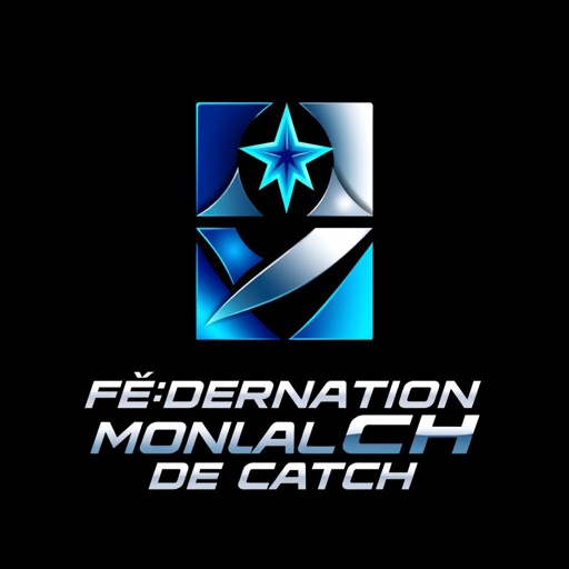 Logo for Fédération Mondiale de Catch, featuring a sleek brandmark design. Bold futuristic text font, vibrant modern color scheme with electric blues and metallic silvers. Geometric square logo shapes, an integrated star icon symbolizing excellence and competition, smooth contours, dynamic lines, and a polished finish, evoking a sense of empowerment and innovation.