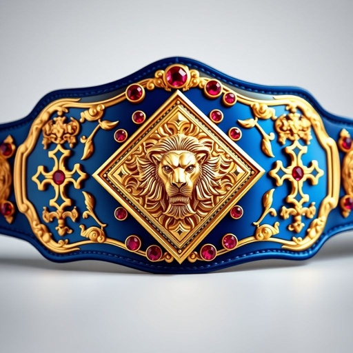 A stunning wrestling belt crafted from gleaming metal, featuring a rich blue strap. The centerpiece showcases an intricate gold plate with a diamond plate shape, adorned with a fierce lion champion design. Surrounding ruby gemstones radiate brilliance, complemented by ornate cross crests and symbols, exuding an aura of majesty and triumph.
