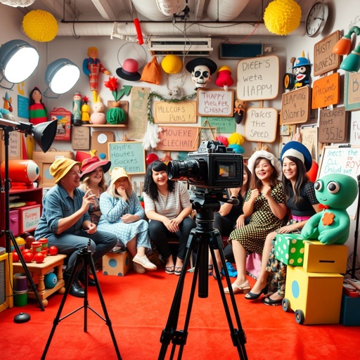 A whimsical studio filled with colorful props and quirky costumes. Bright lighting enhances a chaotic backdrop with oversized toys and humorous signs. A vintage camera poised on a tripod captures the scene. Laughter echoes as a diverse group of creatives brainstorms silly skits, cheeky expressions, and playful gestures representing comedic parody themes.