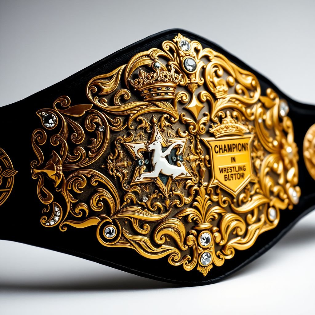 A majestic wrestling belt, adorned with intricate engravings on precious metal plates. A lustrous gold finish, set against a striking black strap. Elegant Art Nouveau flourishes. Crown-shaped designs encasing sparkling diamond gemstones. Large, ornate plates featuring crests and symbols, radiating the essence of champions and celebrating their legendary achievements.