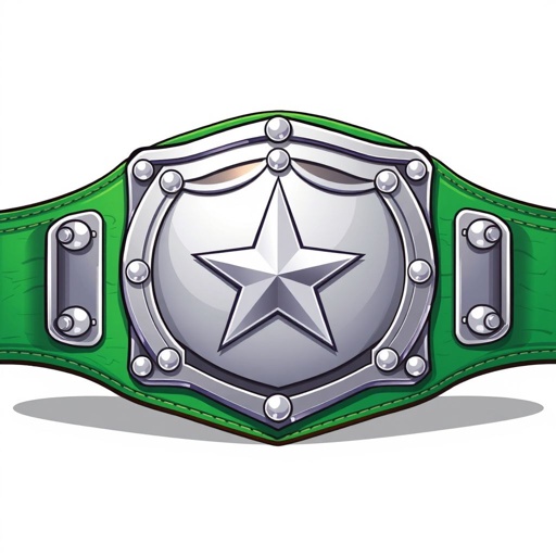 A vibrant, cartoonish wrestling belt, showcasing a bold green leather strap. The centerpiece features a gleaming silver shield plate, elegantly engraved with a star champion design. The large size emphasizes the belt's significance, while the absence of crests or symbols highlights the simplicity and purity of the divisional spirit champion's accolade.