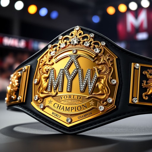 A prestigious wrestling belt, MYPW World Heavyweight Champion, adorned with a classic plate design. Black leather strap, accentuated with a pentagon-shaped gold plate, shimmering under bright lights. Intricate crown champion design embellished with sparkling diamond gemstones. Majestic lion crests and symbols, highlighting strength and power, a true testament to victory and honor.