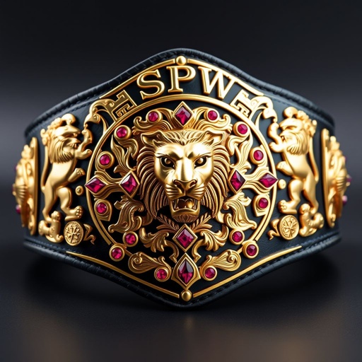 A formidable wrestling belt, SPW World Heavyweight Champion. Black leather strap, bold and sturdy. Edgy gold plate, intricately shaped, a majestic lion design prominently displayed. Ruby gemstones sparkle within the metalwork, enhancing its regal appearance. Lion crests and symbols adorn the sides, embodying strength and victory, an adult-sized masterpiece of craftsmanship.