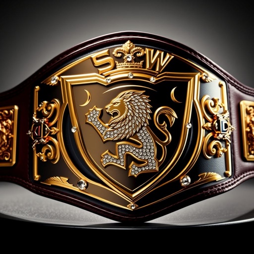 An imposing wrestling belt, SPW World Heavyweight Champion insignia prominently displayed. Rich leather material enveloped in a sleek, black strap. Shield-shaped gold plate adorned with an intricate lion champion design. Sparkling rhinestone gemstones embedded, radiant under a spotlight. Crown crests and symbols embellishing the edges, evoking a sense of power and prestige.