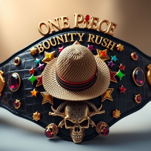A luxurious alligator skin wrestling belt, gold accents gleaming under soft light. A central straw hat from "One Piece," surrounded by vibrant, multicolored star plates. Above, the bold words "One Piece Bounty Rush," elegantly crafted. Below, "4 Star VS Champ iFeedYouLead." Rich ruby gemstones and intricate skull crests complete the surrealist masterpiece.