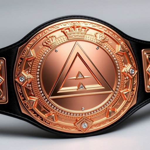 A striking wrestling belt featuring a large rose gold main plate adorned with triangle design motifs. Intricate engravings wrap around the plate, embellished with sparkling diamond gemstones. A sleek black leather strap complements the modern circular shape. Crown crests and symbols hint at global championship glory, radiating prestige and craftsmanship.