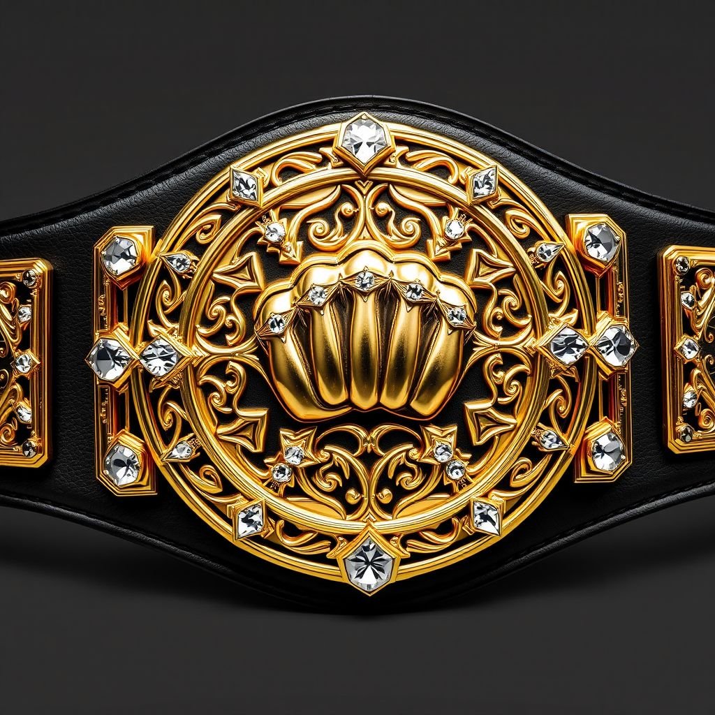 A stunning wrestling belt, emblematic of the RTR Championship. Luxurious leather material adorned with a sleek black strap. A prominent circular gold plate gleaming with intricate gothic art, featuring an impressive fist champion design. Sparkling diamond gemstones embedded elegantly, highlighting the extra-large size, while remaining free of crests and symbols.