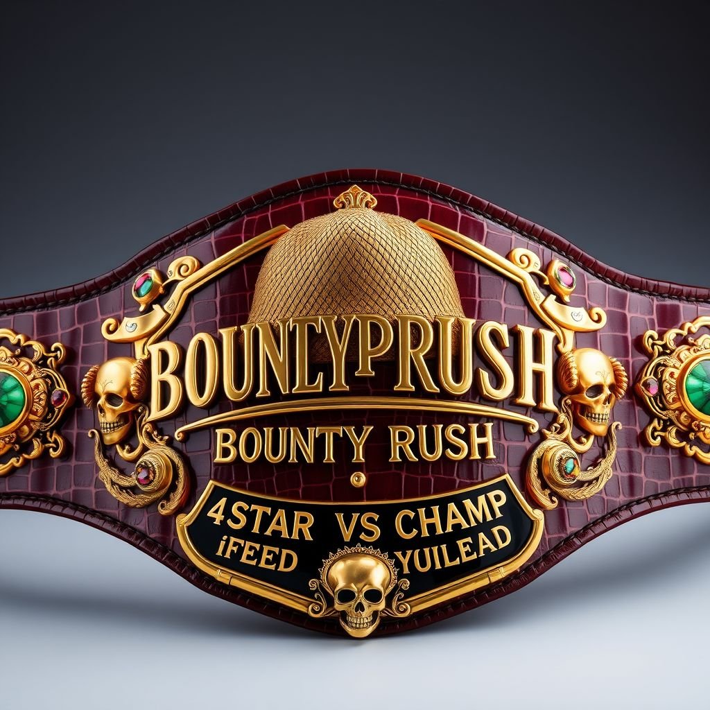 A lavish wrestling belt featuring rich alligator skin texture. Centered, a straw hat from "One Piece" stands proudly. Above, golden letters proclaim "One Piece Bounty Rush." Below, "4 Star VS Champ iFeedYouLead" in bold elegance. Opulent luxury plates adorned with multicolored gems, ruby embellishments, and intricate skull crests enhance the grandeur.