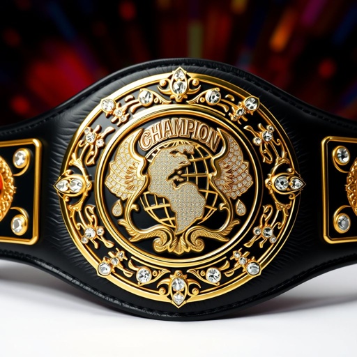 A prominent wrestling belt featuring luxurious black leather, a striking gold plate with an intricate, ornate design. The classic plate gleams with diamond gemstones, emphasizing a globe champion motif at its center. Cartoonish eagle crests and symbols adorn the sides, all set against a vibrant background showcasing the championship spirit.