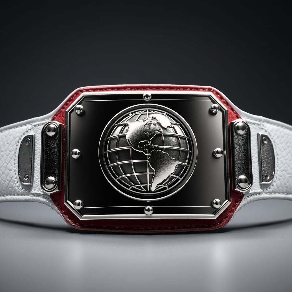A striking outercontinental championship wrestling belt, luxurious leather texture accentuated by a pristine white strap. The centerpiece features a bold rectangular silver plate, reflecting light with its polished surface. An intricately designed globe symbolizing global prowess takes center stage, capturing the essence of victory. An image of prestige, grandeur, and athletic supremacy.